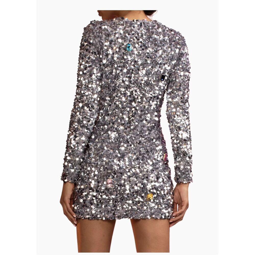 Cynthia Rowley Womens Sequin & Rhinestone Embellished Mini Dress Silver Sz 4 - Picture 4 of 12